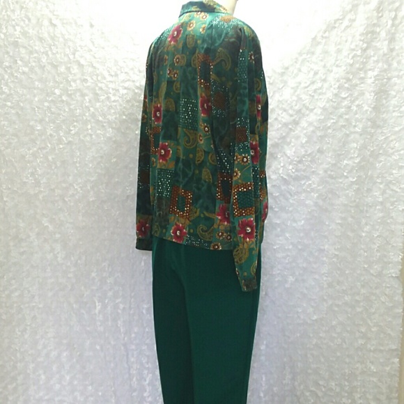 90s Petite Deep Green Floral Jacket Pantsuit - Picture 6 of 8